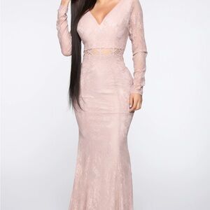 Fashion Nova Long Sleeve Lace Maxi Dress in Light Blush/Mauve